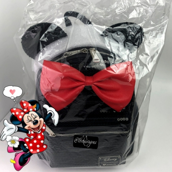 NWT Disney Parks Loungefly Sequin Minnie Mouse Backpack Black Red Sparkle Galore - Picture 5 of 15